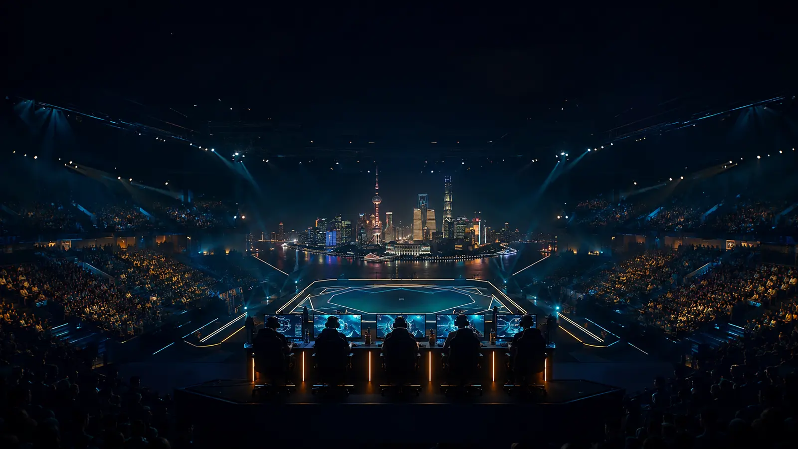 Đấu trường esports tương lai tại Thượng Hải với đường chân trời thành phố và các tuyển thủ VALORANT