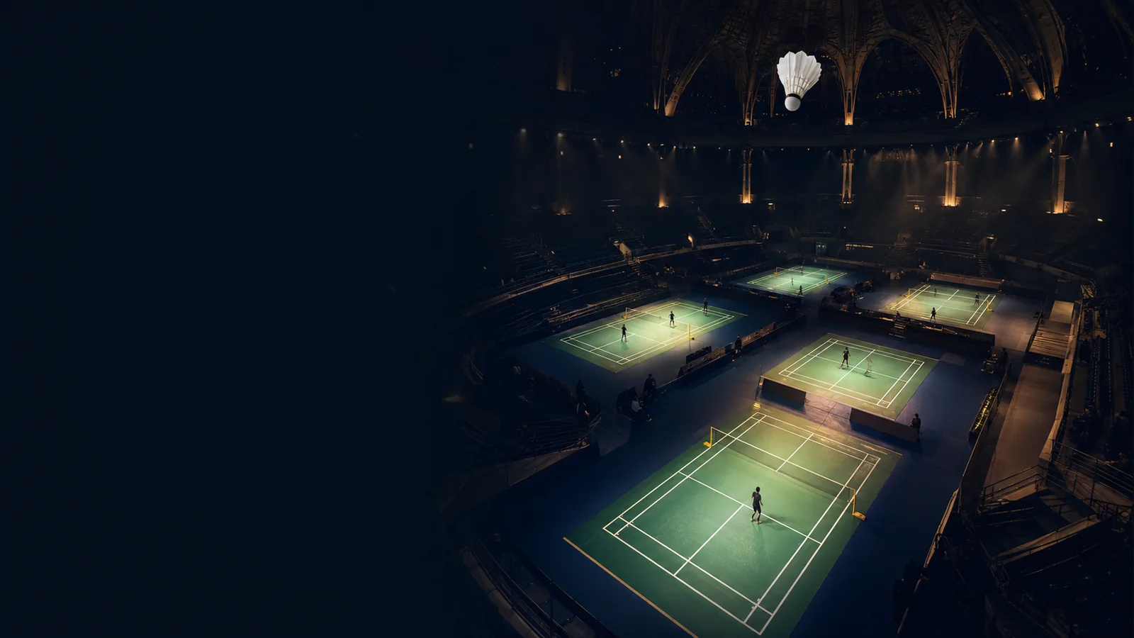 Editorial illustration of several badminton courts prepared for the New Delhi world championships