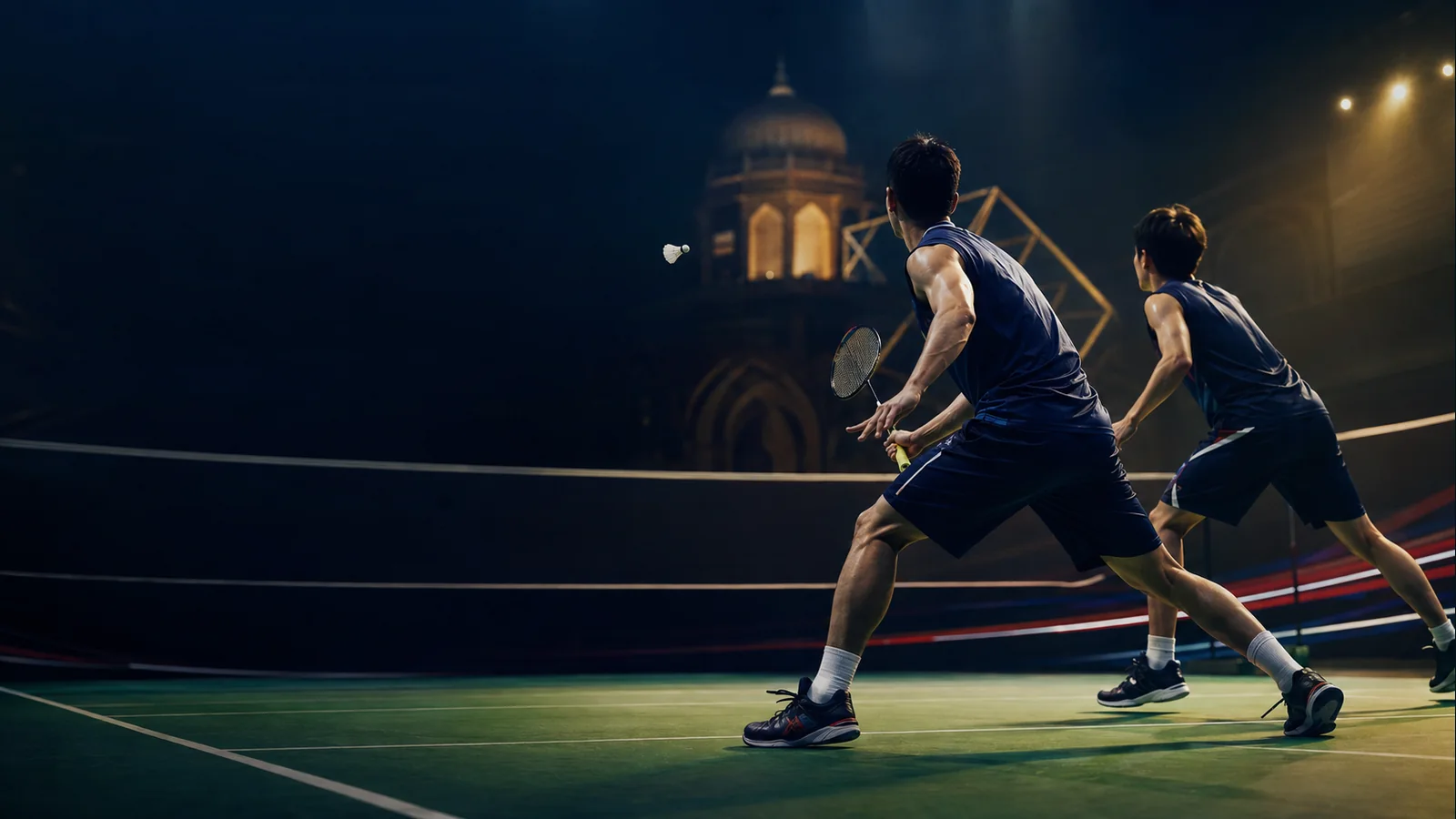 Ilustrasi editorial dua pemain beregu badminton di arena New Delhi