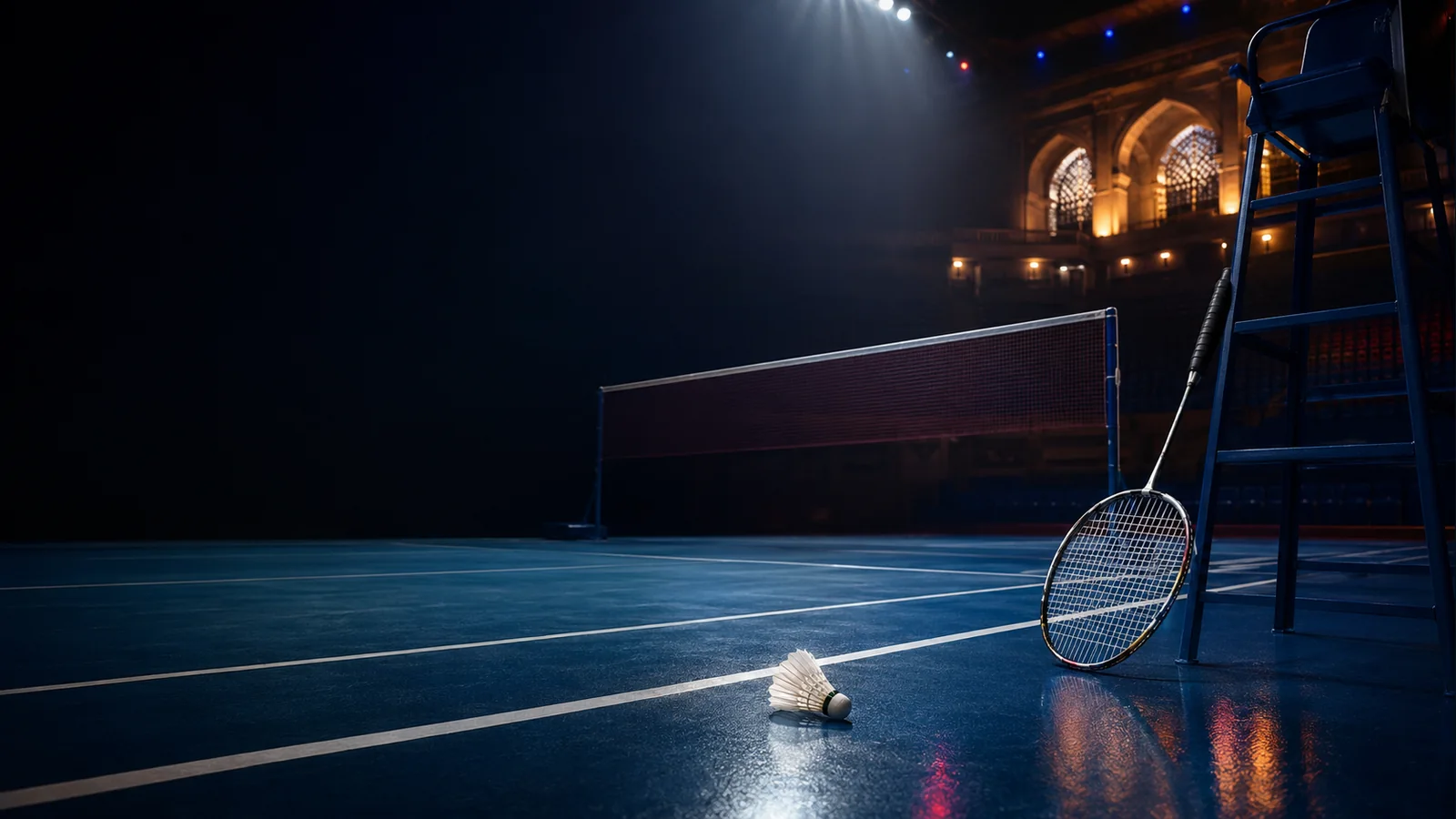 Editorial illustration of a badminton court prepared for the New Delhi world championships