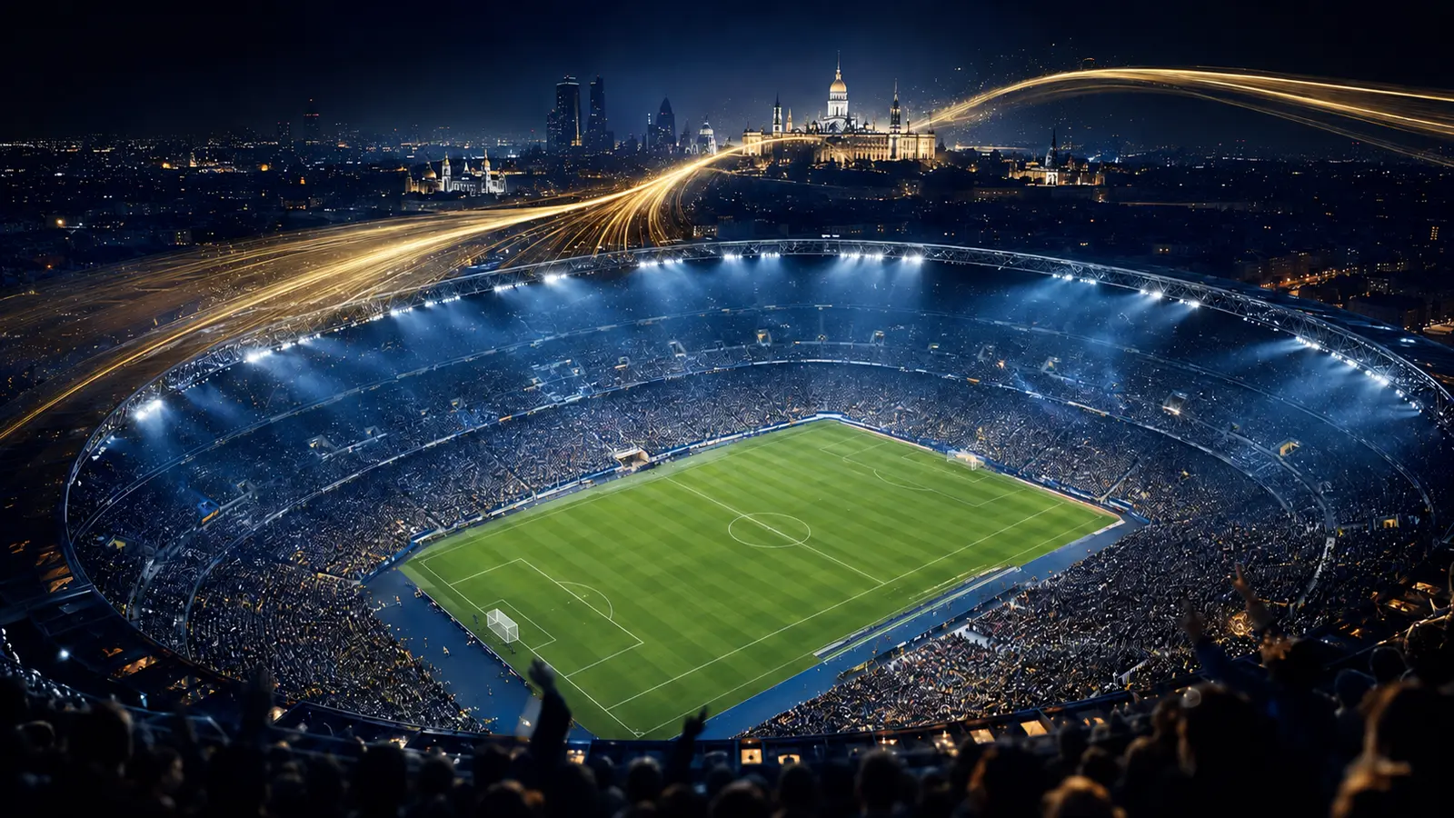 A floodlit European football stadium at night with a city skyline and gold light trails