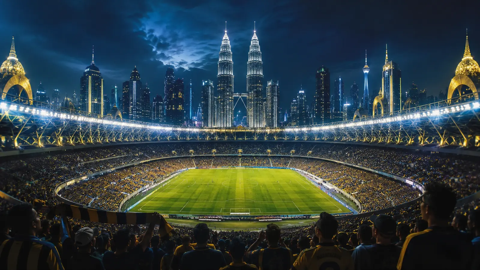 Penyokong Malaysia di stadium bola sepak bercahaya dengan latar langit Kuala Lumpur