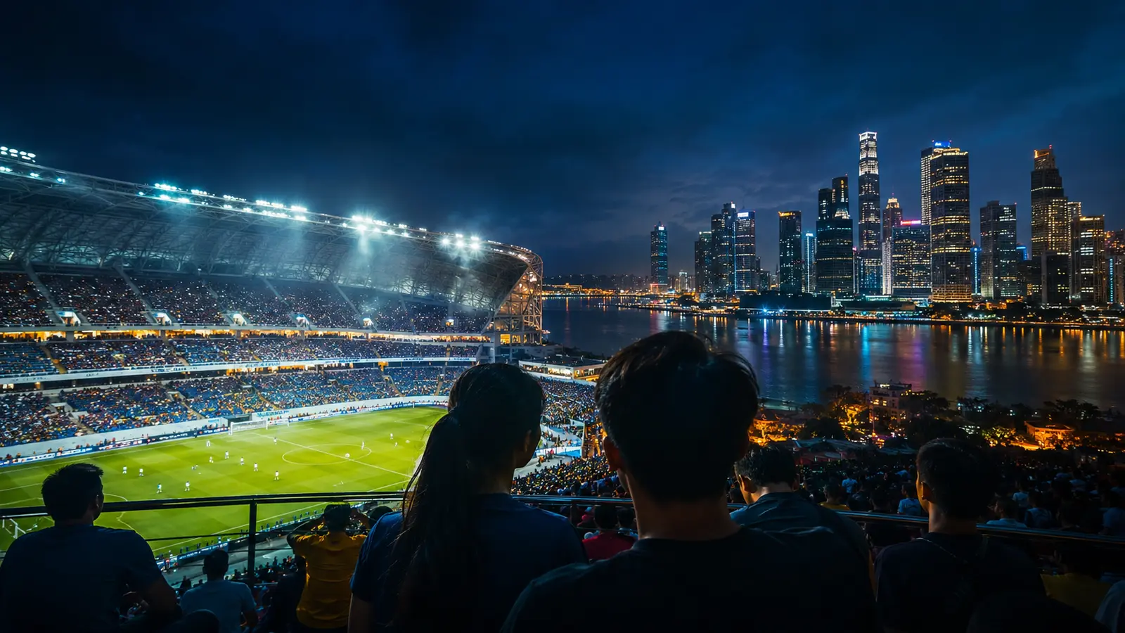 Philippine supporters watching football in a floodlit stadium beside a night skyline