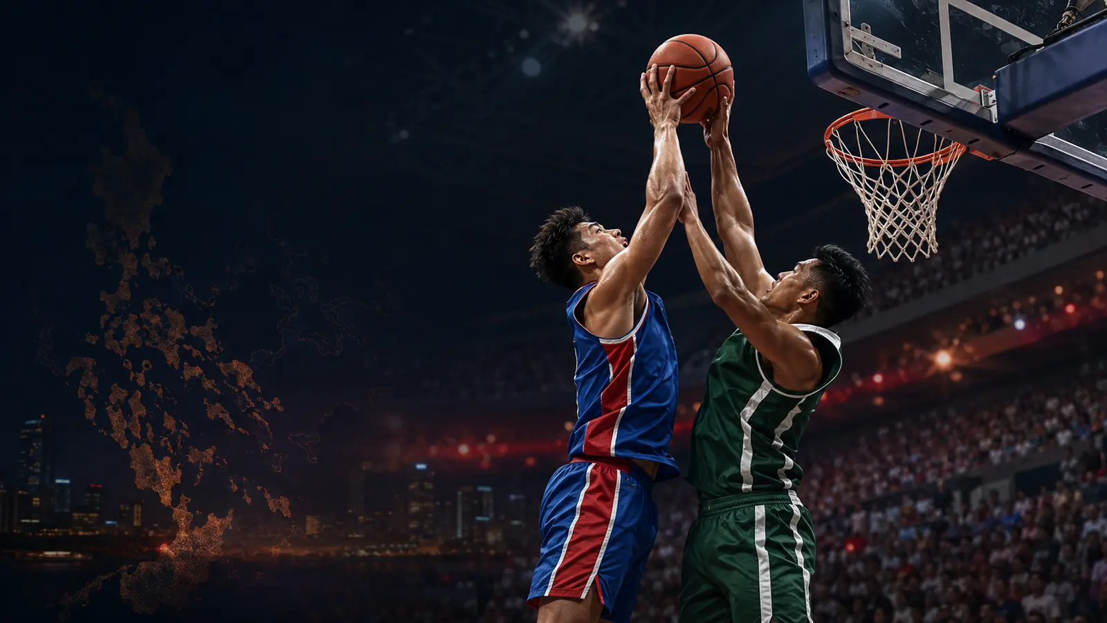 Two basketball players contesting the ball in a Manila-inspired arena setting