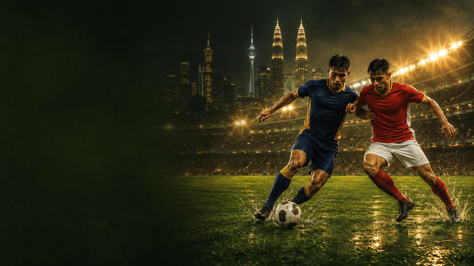 Dua pemain bola sepak beraksi di stadium Malaysia pada waktu malam