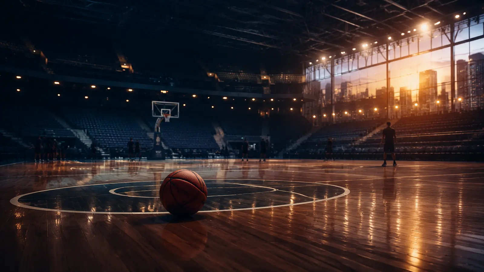 Basketball on a polished arena court with warm city lights and a modern Philippine skyline