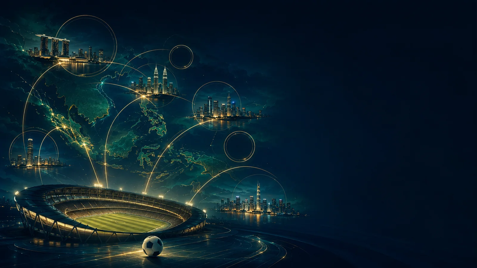Editorial map linking Southeast Asian cities to a night football stadium