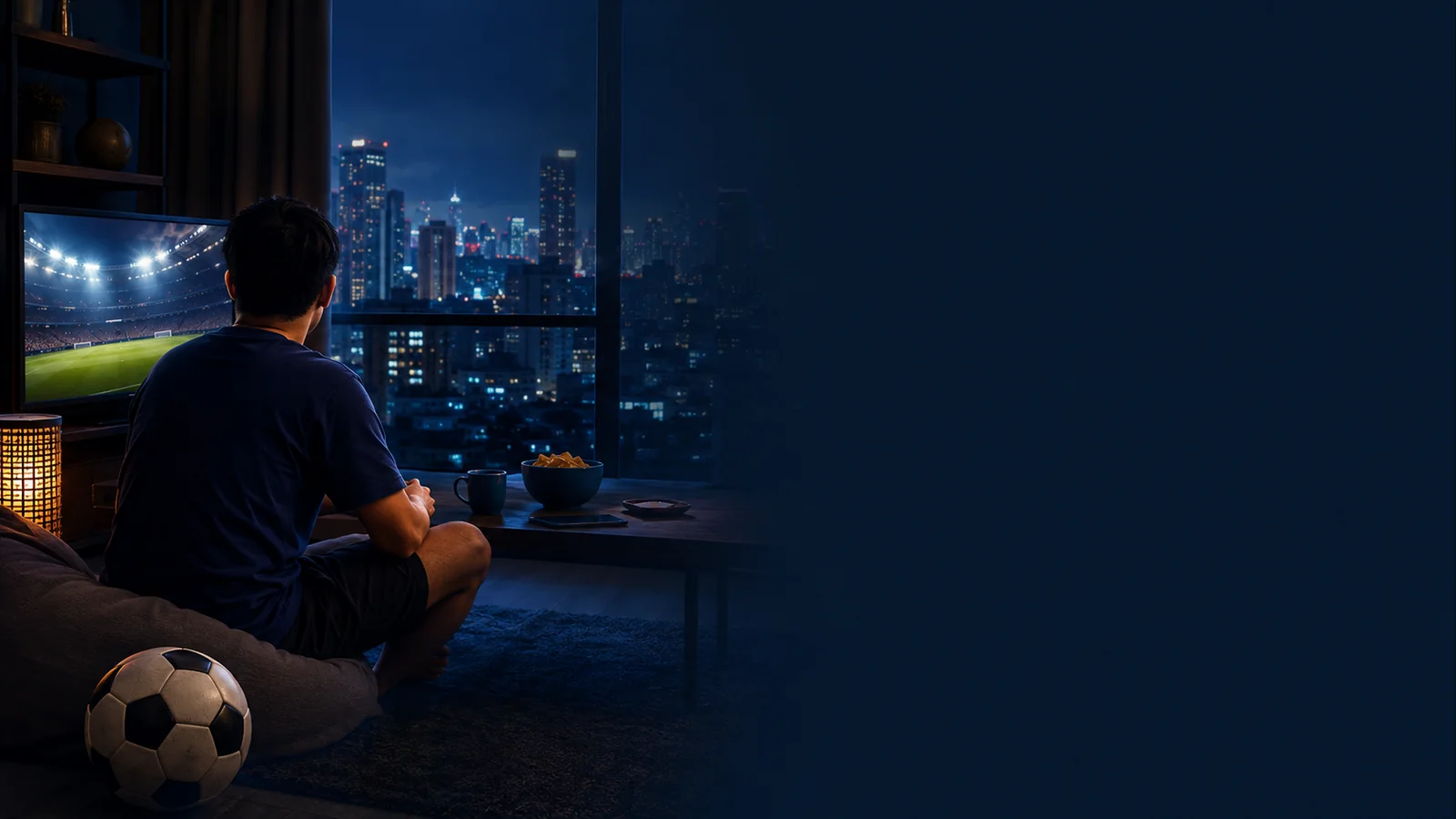Editorial illustration of a Filipino football supporter watching a late-night match