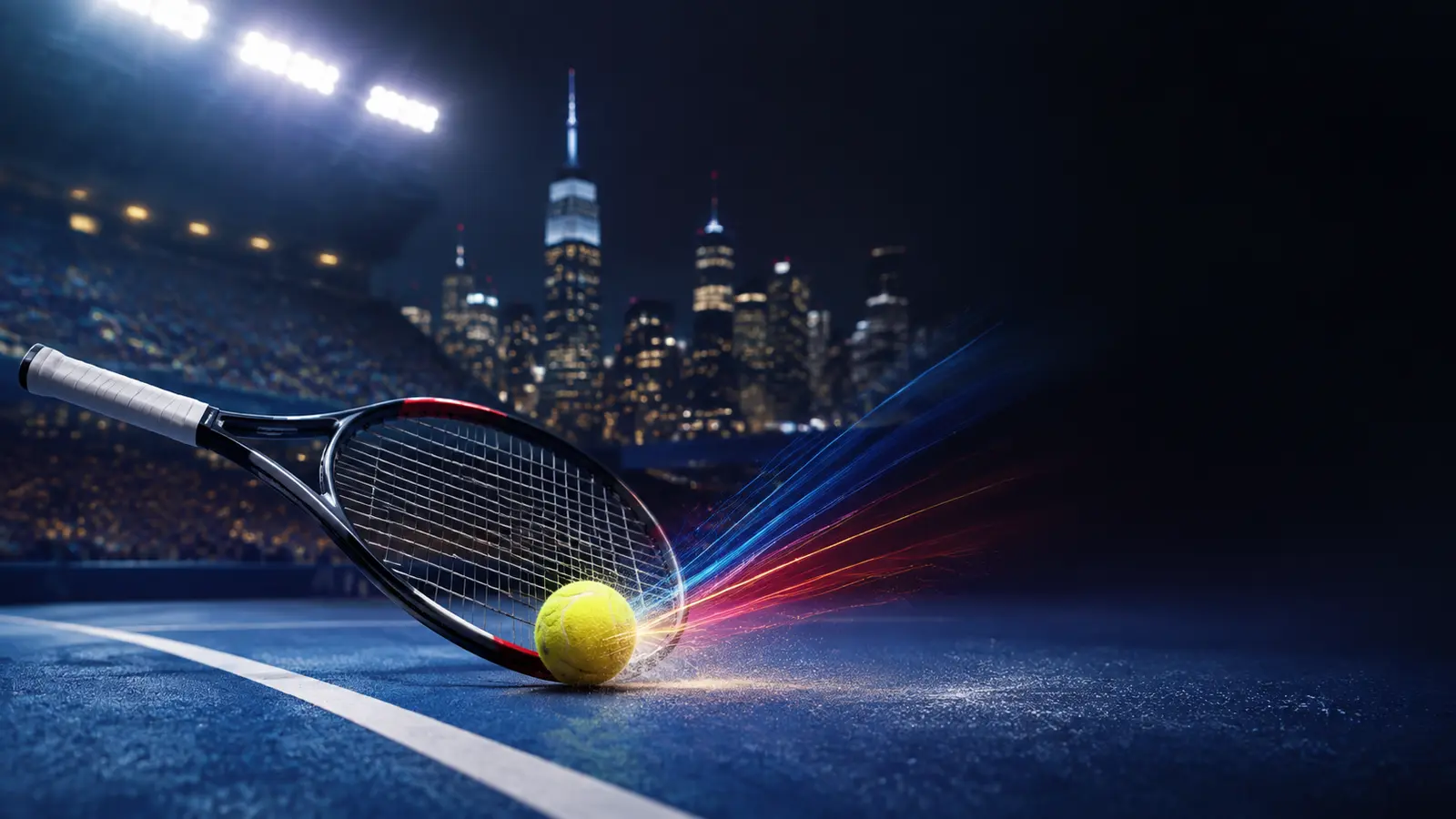 Night tennis court and New York skyline illustration for a Philippines US Open guide